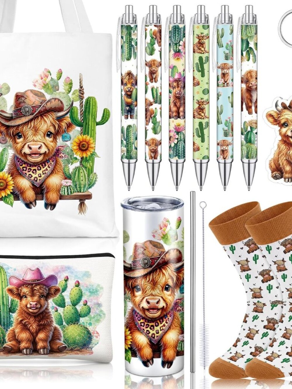 6 Pcs Highland Cow Gift Set For Women Boho Western Highland Cows Stuff With 20 O